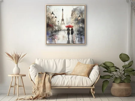 Watercolor-style Paris street scene with Eiffel Tower, red umbrella, lamplight, and rainy reflections.