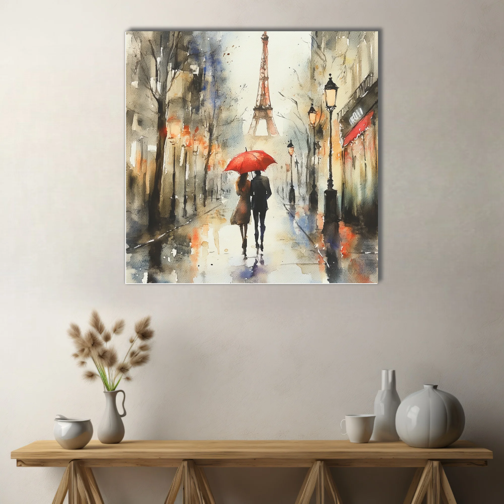 Watercolor-style Paris street scene with couple, red umbrella, and Eiffel Tower in warm rainy tones