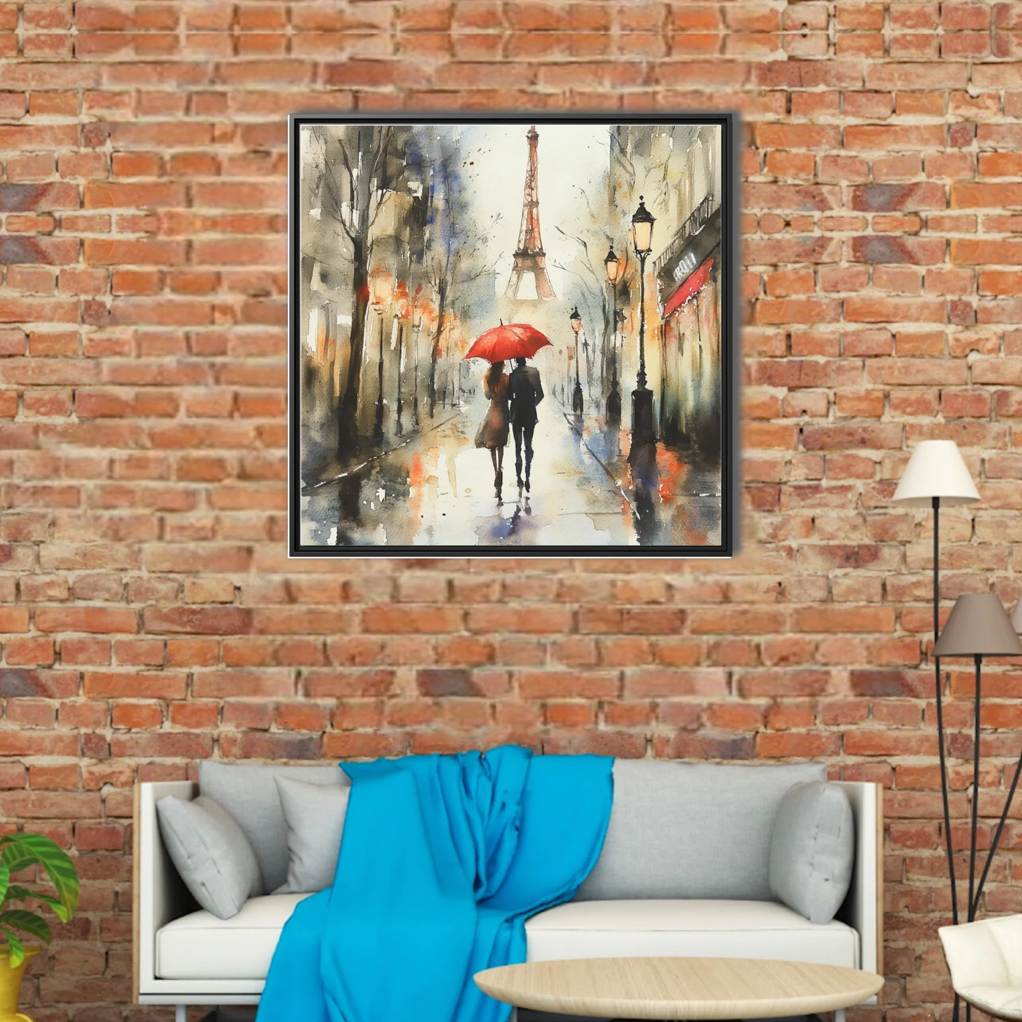 Watercolor-style Paris street scene with couple, red umbrella, and Eiffel Tower in warm rainy tones