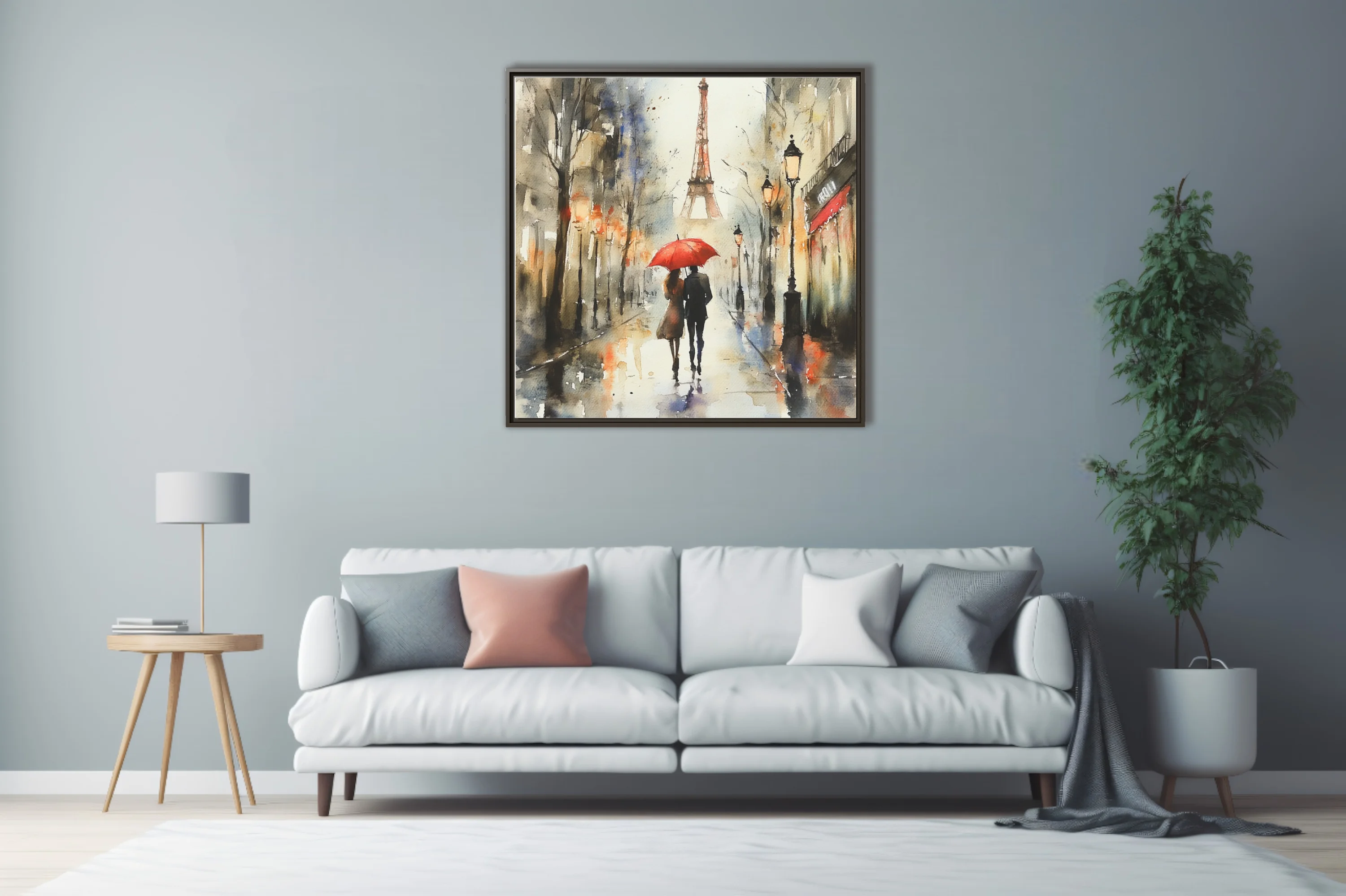 Watercolor-style Paris street scene with couple, red umbrella, and Eiffel Tower in warm rainy tones