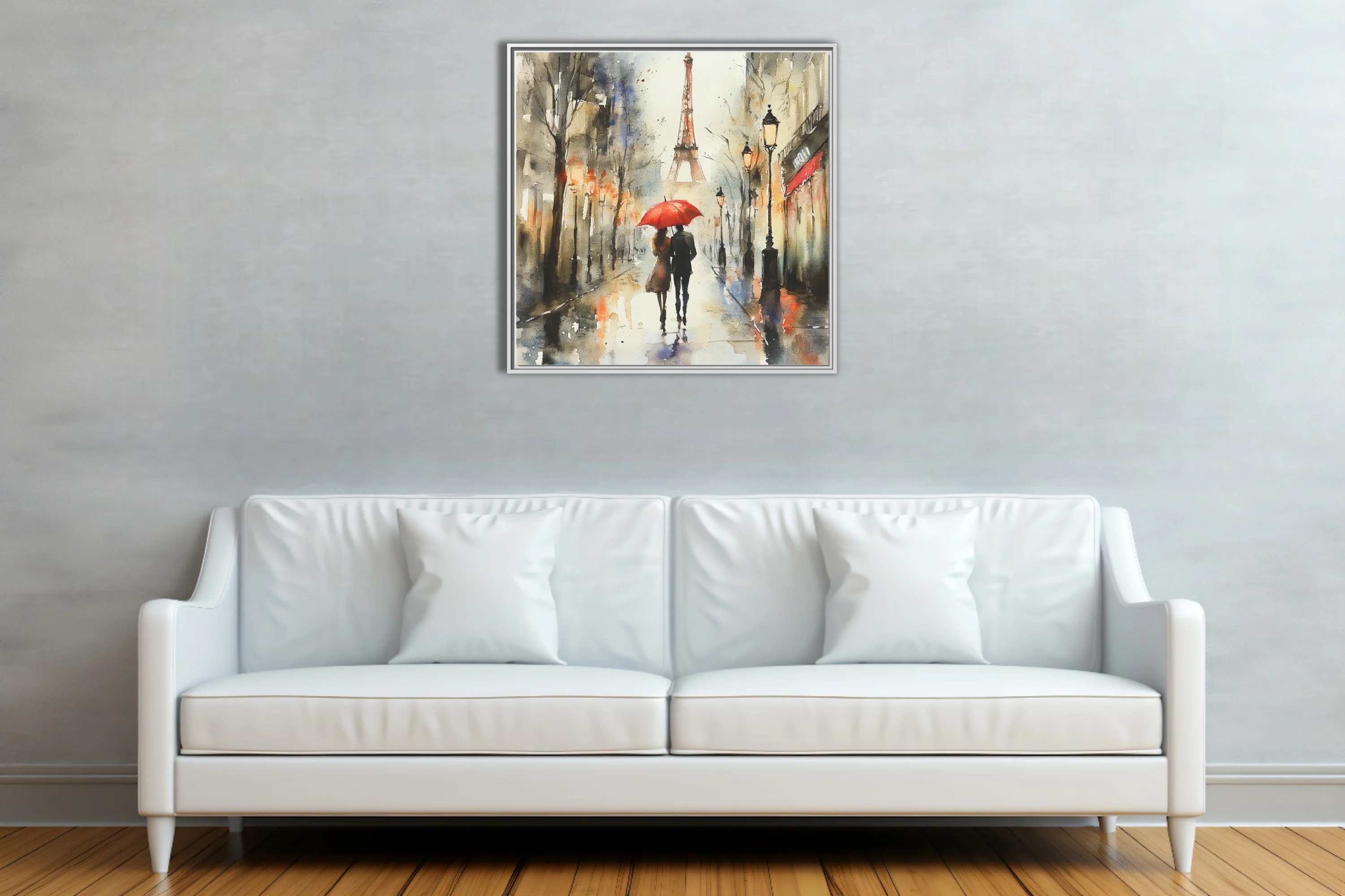 Watercolor-style Paris street scene with couple, red umbrella, and Eiffel Tower in warm rainy tones