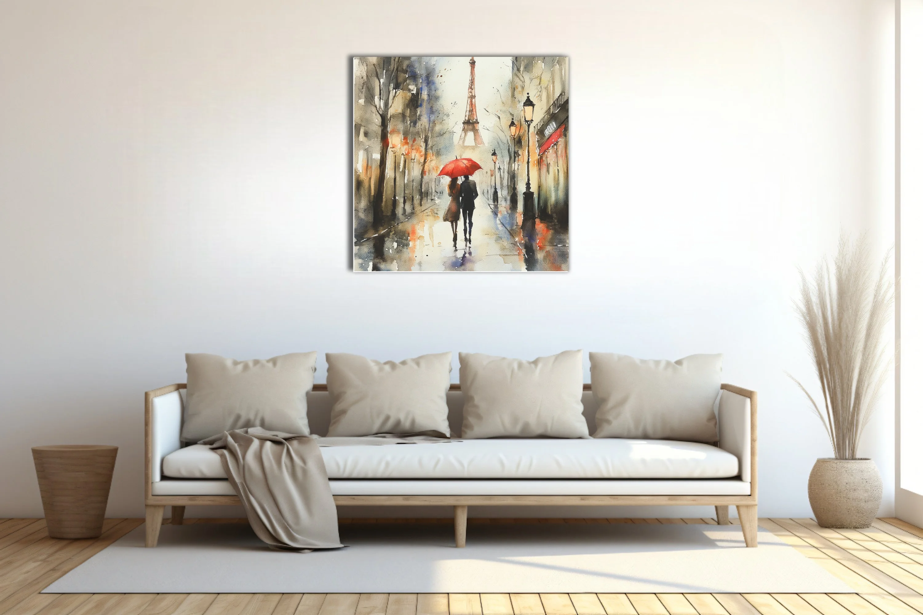 Watercolor-style Paris street scene with couple, red umbrella, and Eiffel Tower in warm rainy tones
