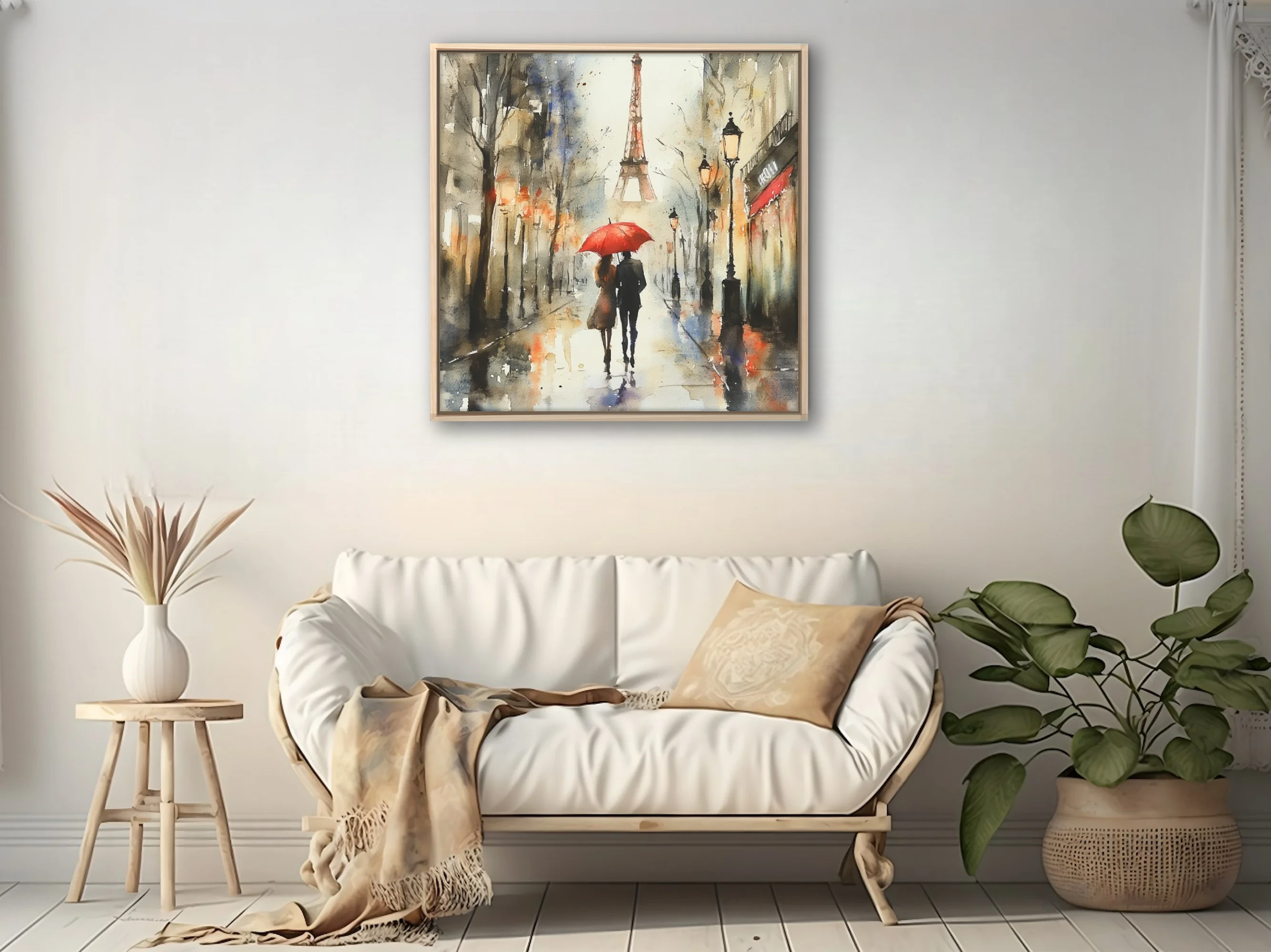 Watercolor-style Paris street scene with couple, red umbrella, and Eiffel Tower in warm rainy tones