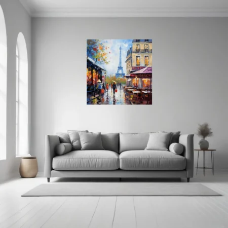 Soft painterly Paris street scene with Eiffel Tower, café terrace, autumn trees, rain-slicked pavement