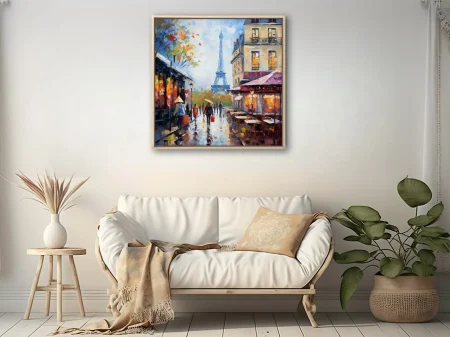 Soft painterly Paris street scene with Eiffel Tower, café terrace, autumn trees, rain-slicked pavement