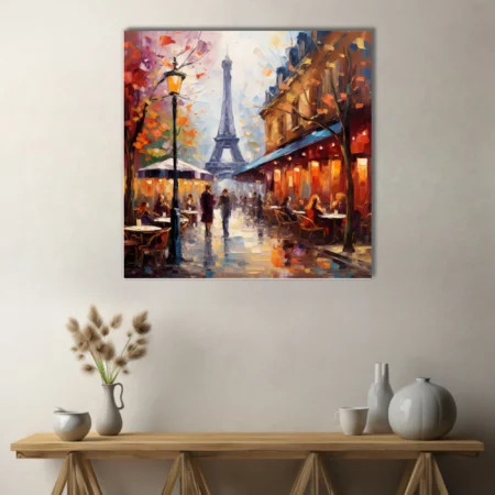 Soft painterly Paris café scene with Eiffel Tower, autumn foliage, and lamplight