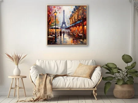 Soft painterly Paris café scene with Eiffel Tower, autumn foliage, and lamplight