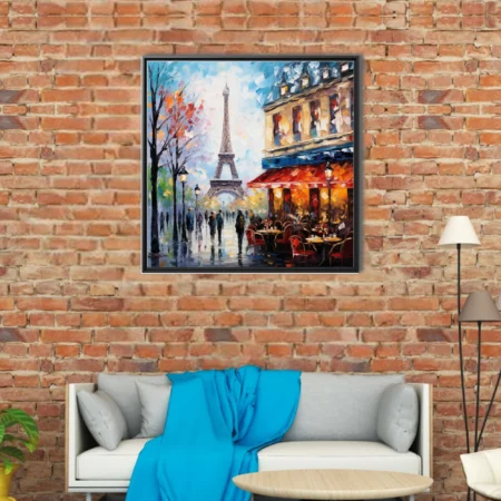 Soft painterly Paris street scene with Eiffel Tower and café in vivid strokes