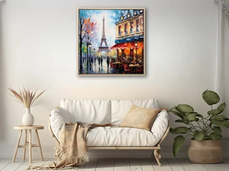 Soft painterly Paris street scene with Eiffel Tower and café in vivid strokes