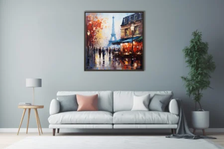 Soft painterly Paris street scene with Eiffel Tower, café terrace, autumn trees, rain-slicked pavement