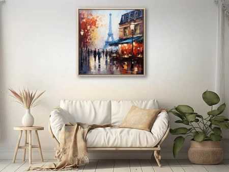 Soft painterly Paris street scene with Eiffel Tower, café terrace, autumn trees, rain-slicked pavement