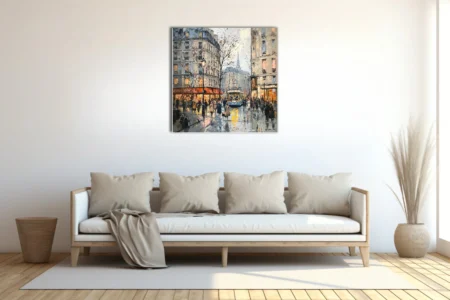Soft painterly Paris street scene with tram, cafés, and figures in amber and grey.