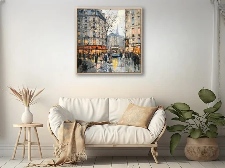 Soft painterly Paris street scene with tram, cafés, and figures in amber and grey.