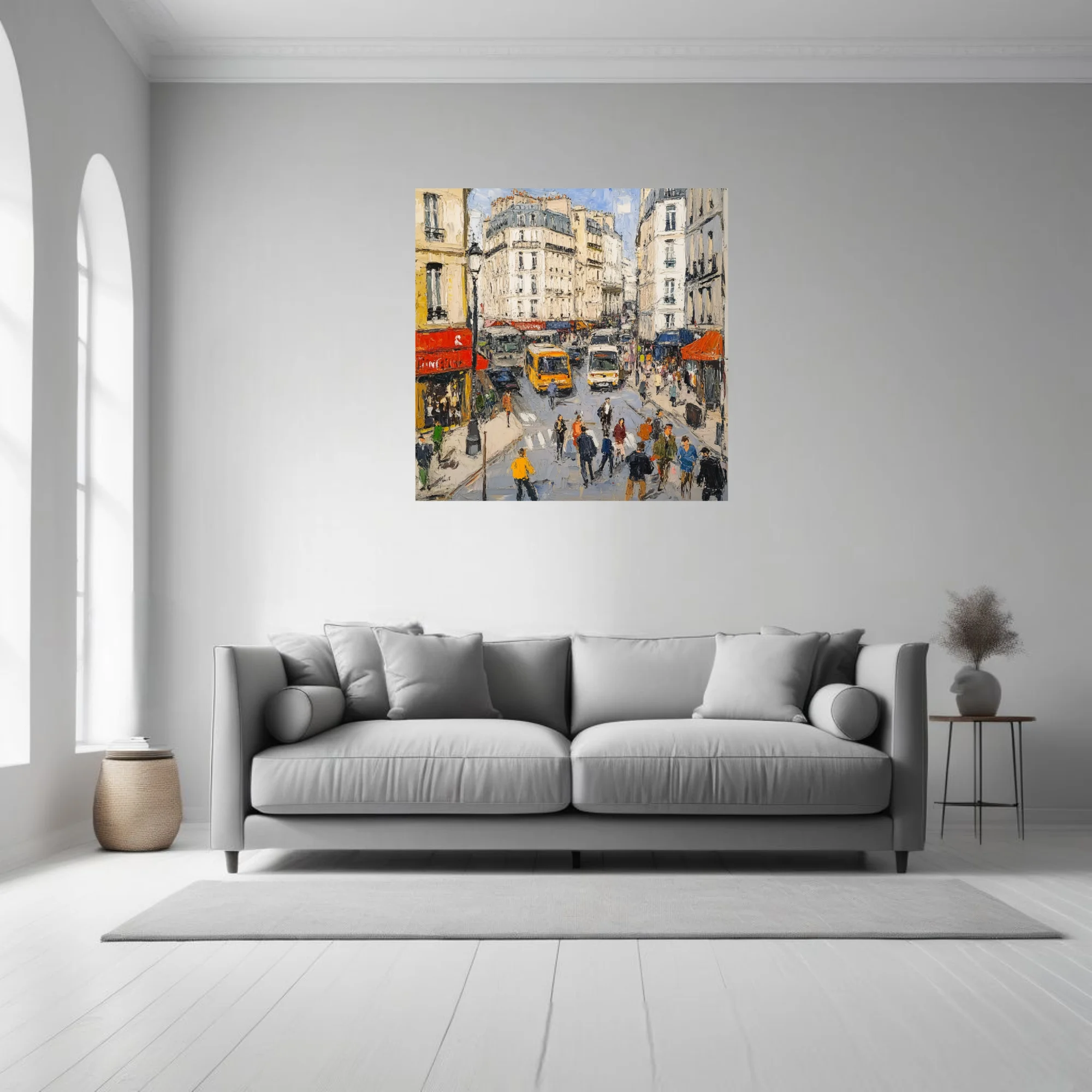 Paris street scene with cream facades, red awnings, buses, and crowds in textured style