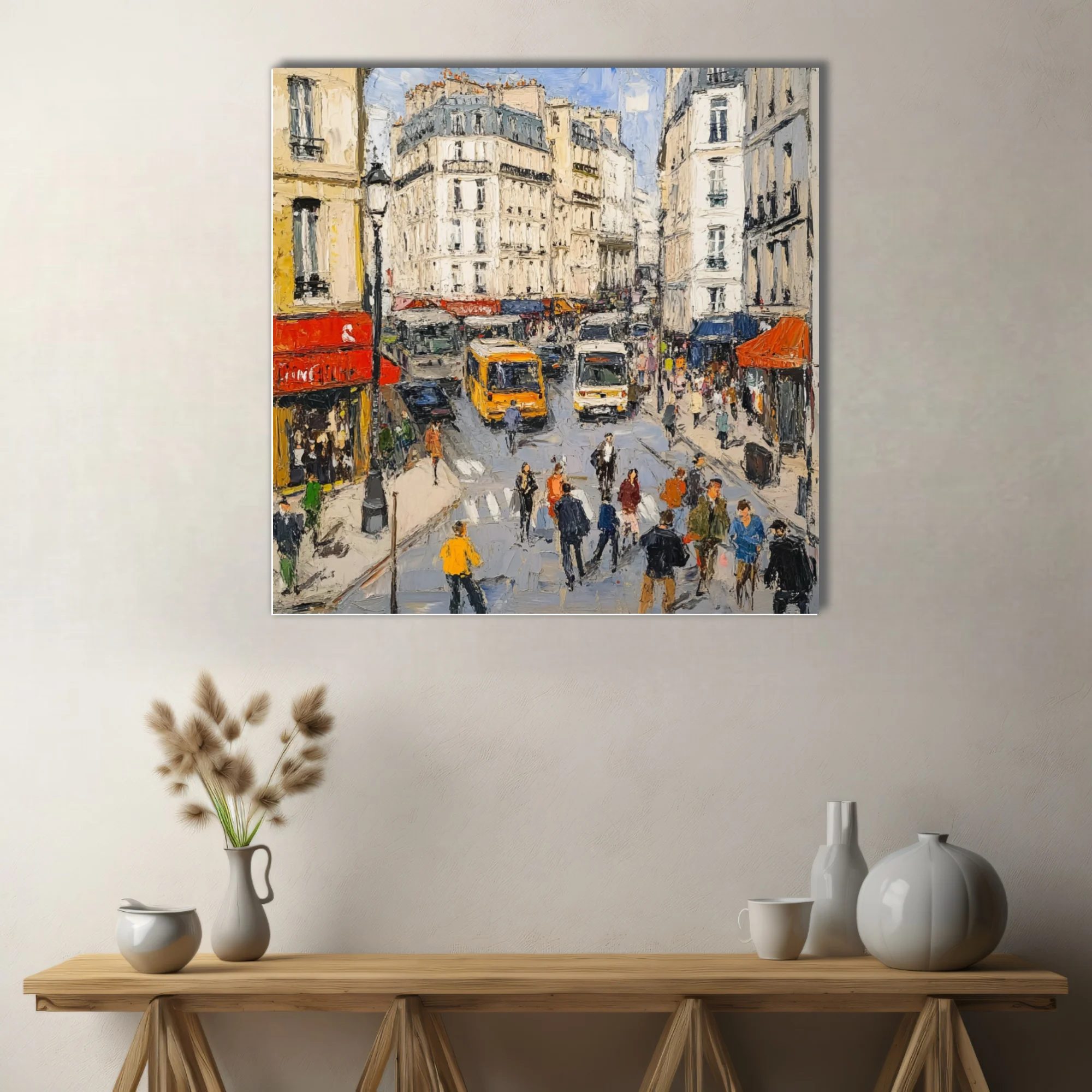Paris street scene with cream facades, red awnings, buses, and crowds in textured style