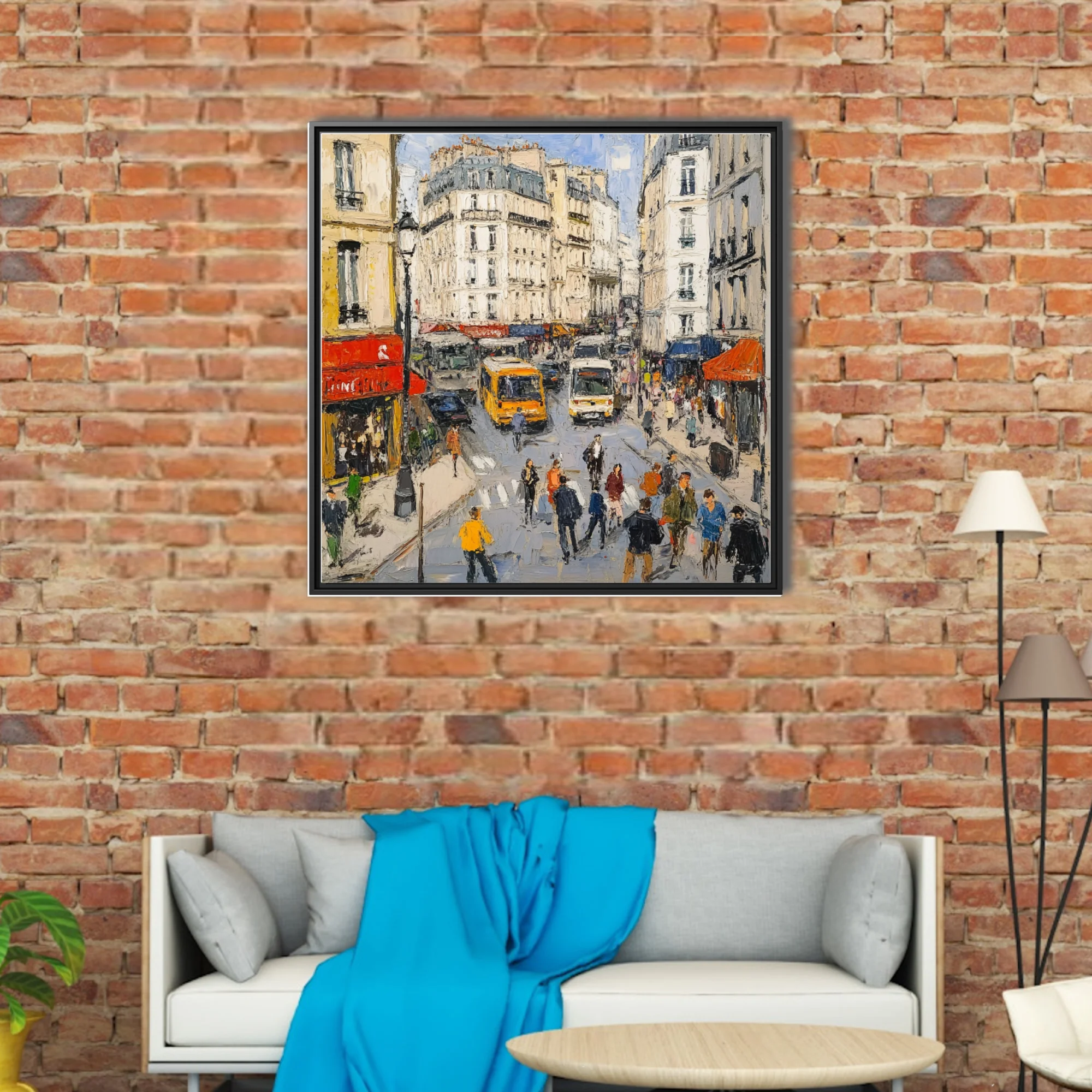 Paris street scene with cream facades, red awnings, buses, and crowds in textured style