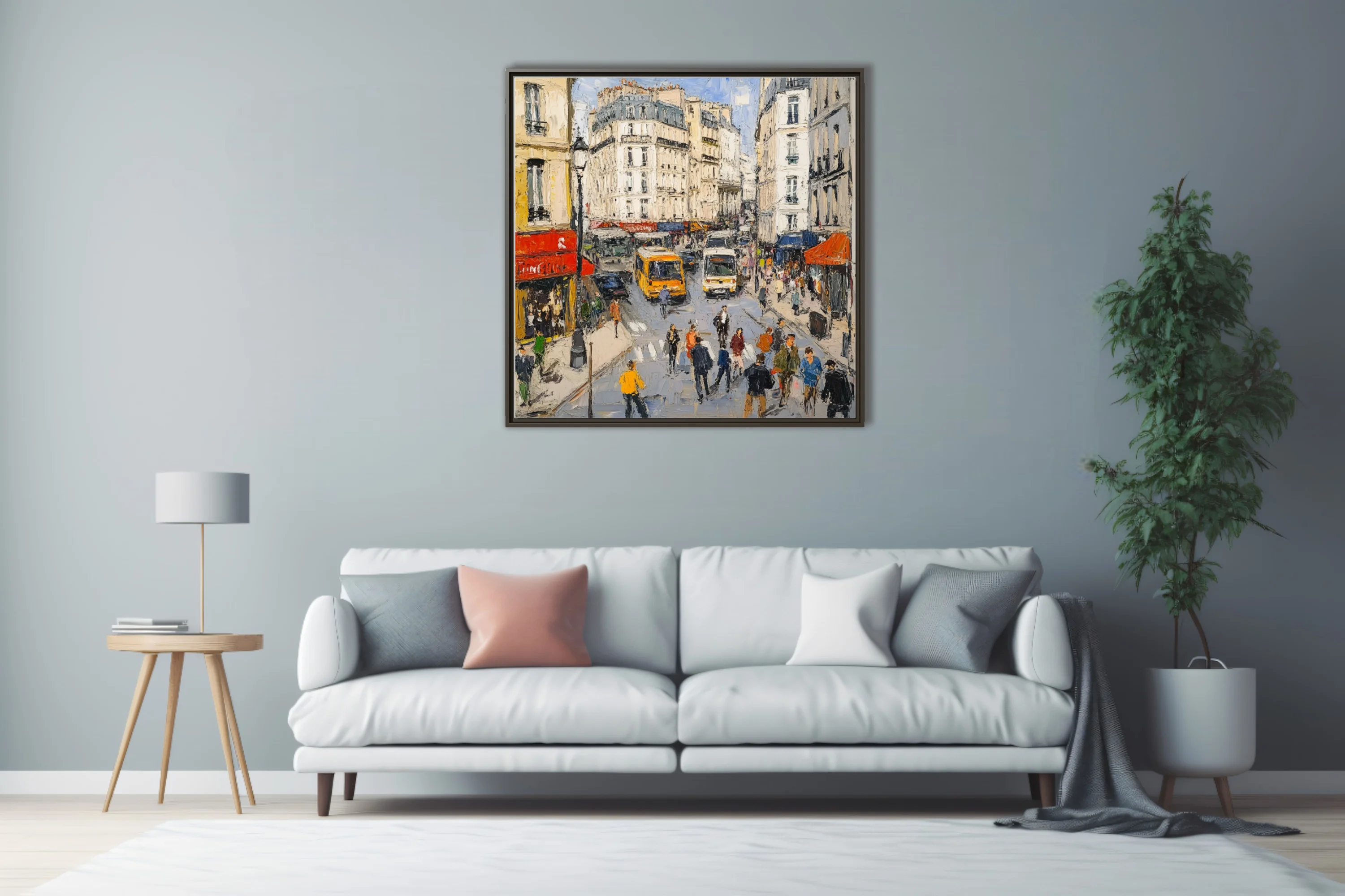 Paris street scene with cream facades, red awnings, buses, and crowds in textured style