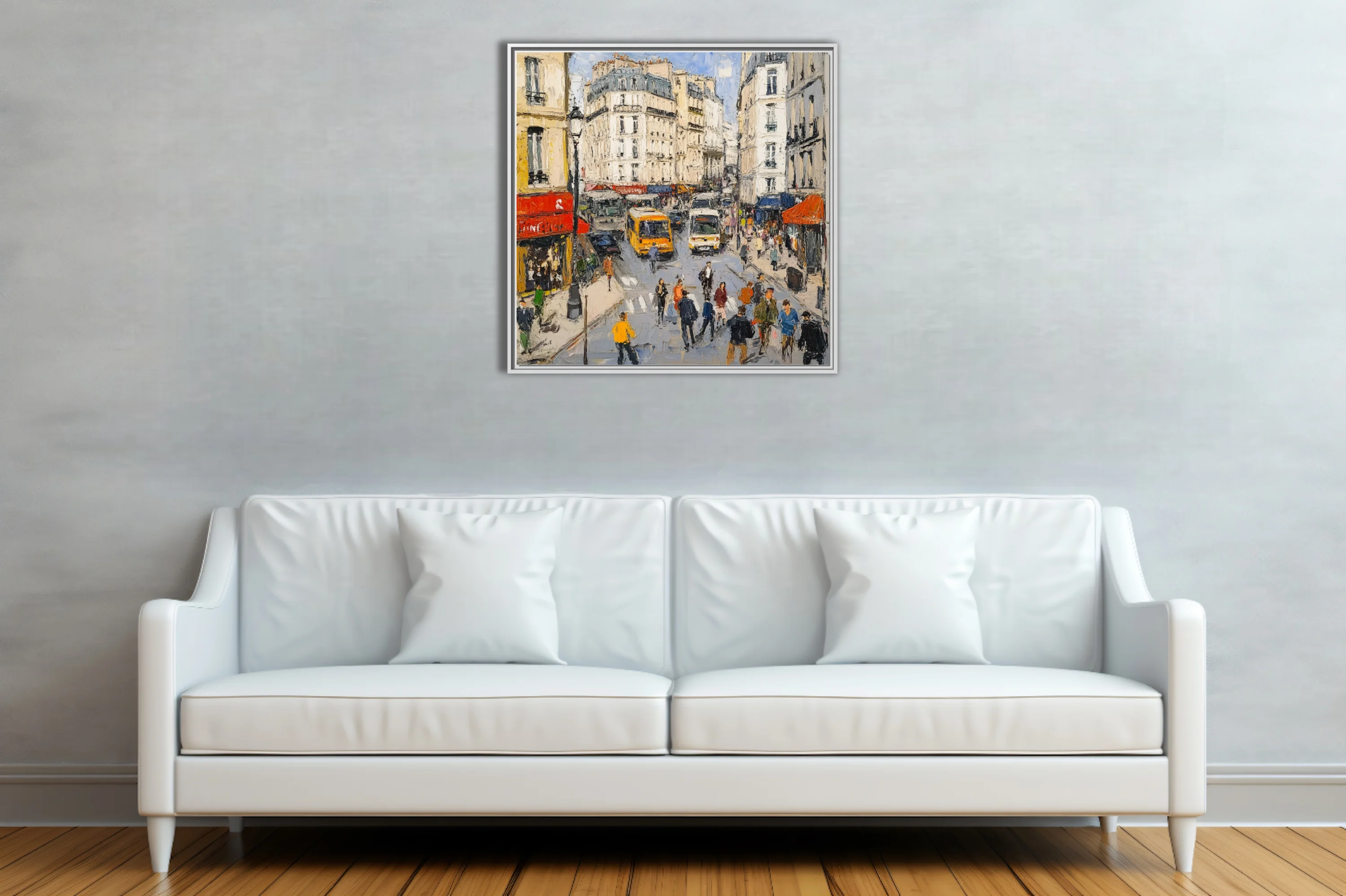 Paris street scene with cream facades, red awnings, buses, and crowds in textured style