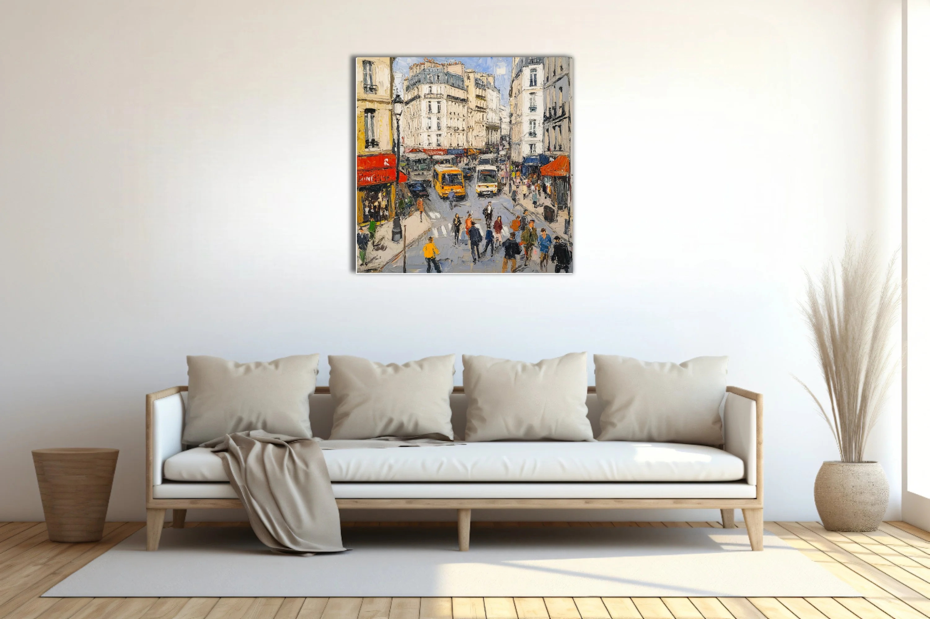 Paris street scene with cream facades, red awnings, buses, and crowds in textured style