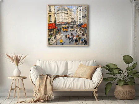 Paris street scene with cream facades, red awnings, buses, and crowds in textured style