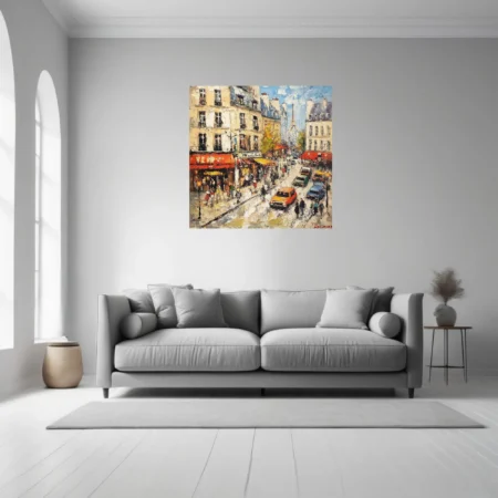 Paris street scene with cafés, cars, and Eiffel Tower in warm ochre and red tones