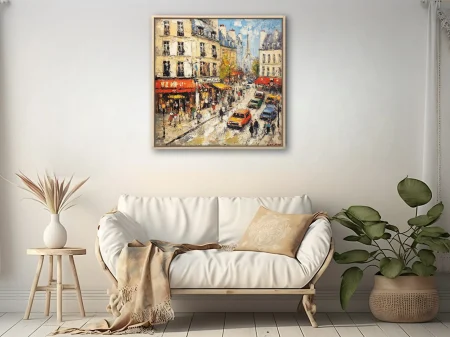 Paris street scene with cafés, cars, and Eiffel Tower in warm ochre and red tones
