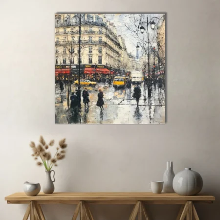 Painterly Paris street scene with red awnings, yellow taxis, wet reflections, and Eiffel Tower view