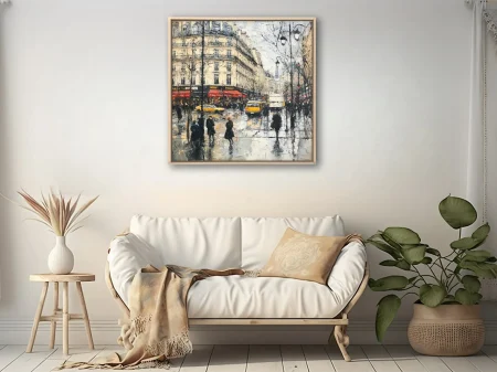 Painterly Paris street scene with red awnings, yellow taxis, wet reflections, and Eiffel Tower view