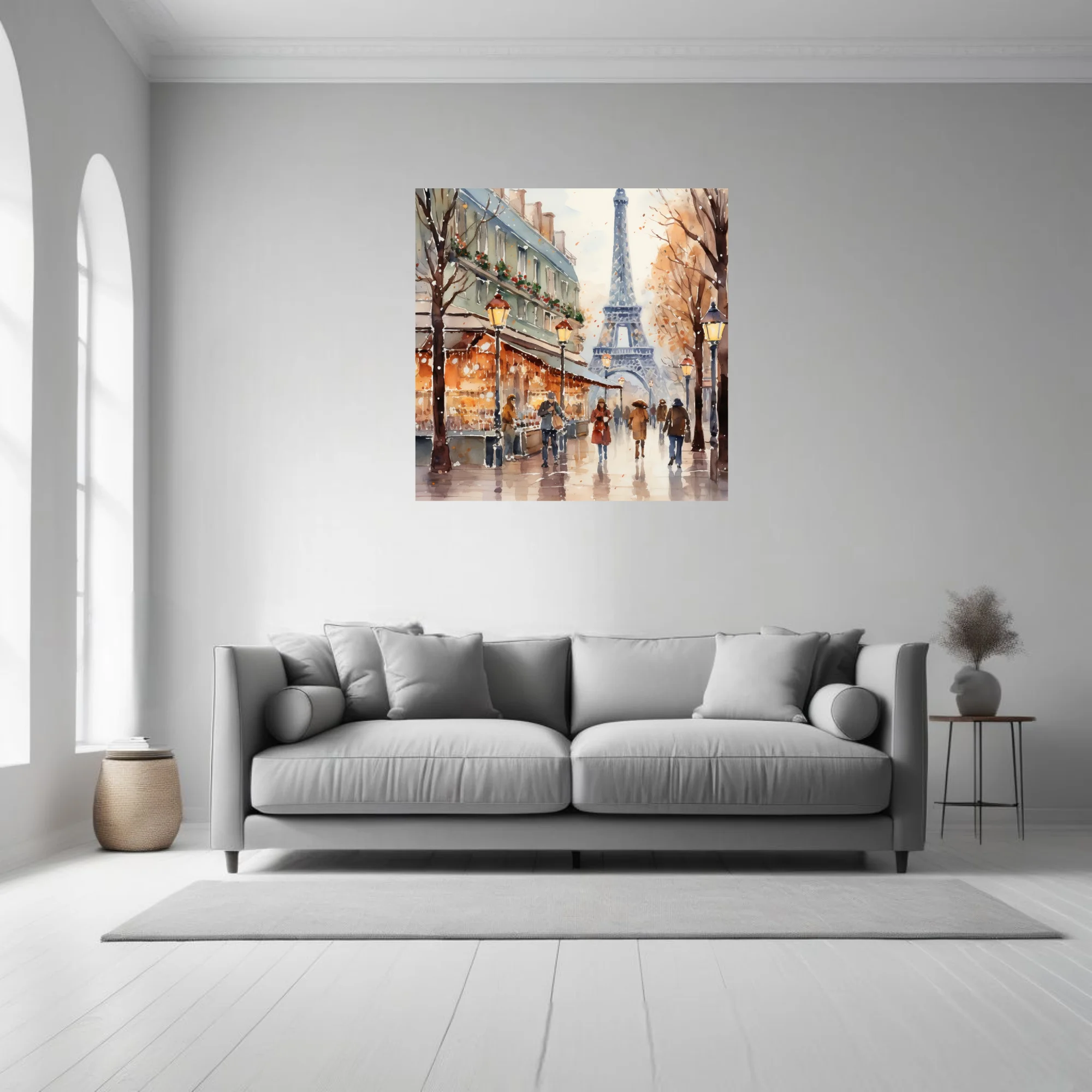 Watercolor-style Paris winter street scene with Eiffel Tower, glowing lamps, and snowy amber tones