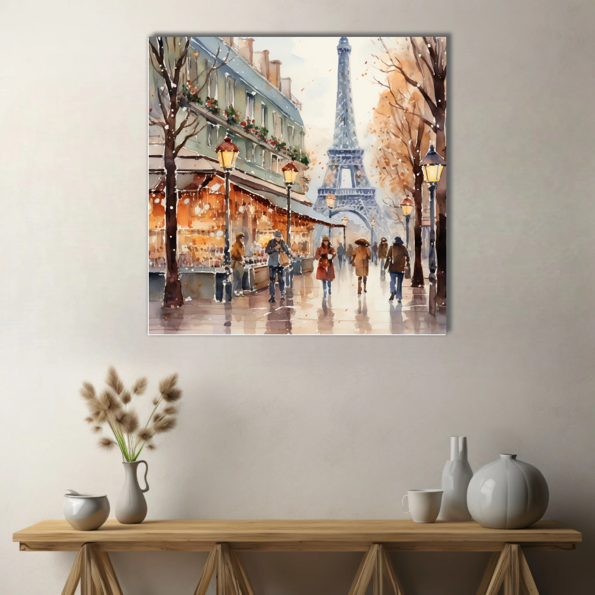 Watercolor-style Paris winter street scene with Eiffel Tower, glowing lamps, and snowy amber tones