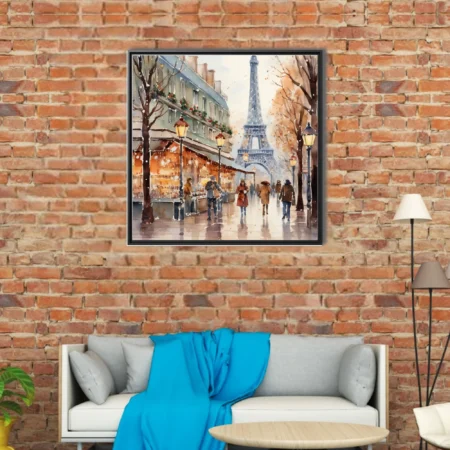 Watercolor-style Paris winter street scene with Eiffel Tower, glowing lamps, and snowy amber tones