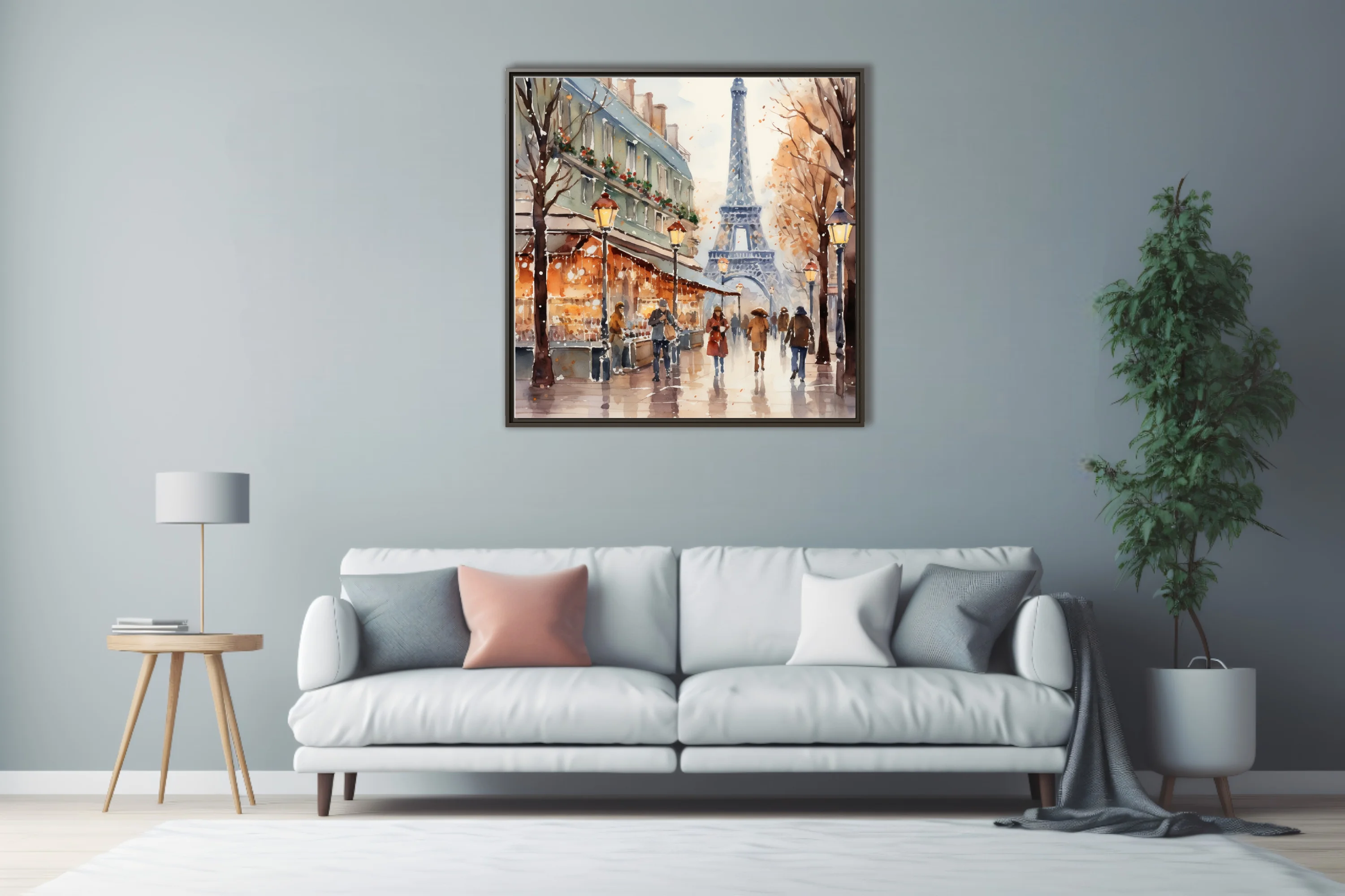 Watercolor-style Paris winter street scene with Eiffel Tower, glowing lamps, and snowy amber tones