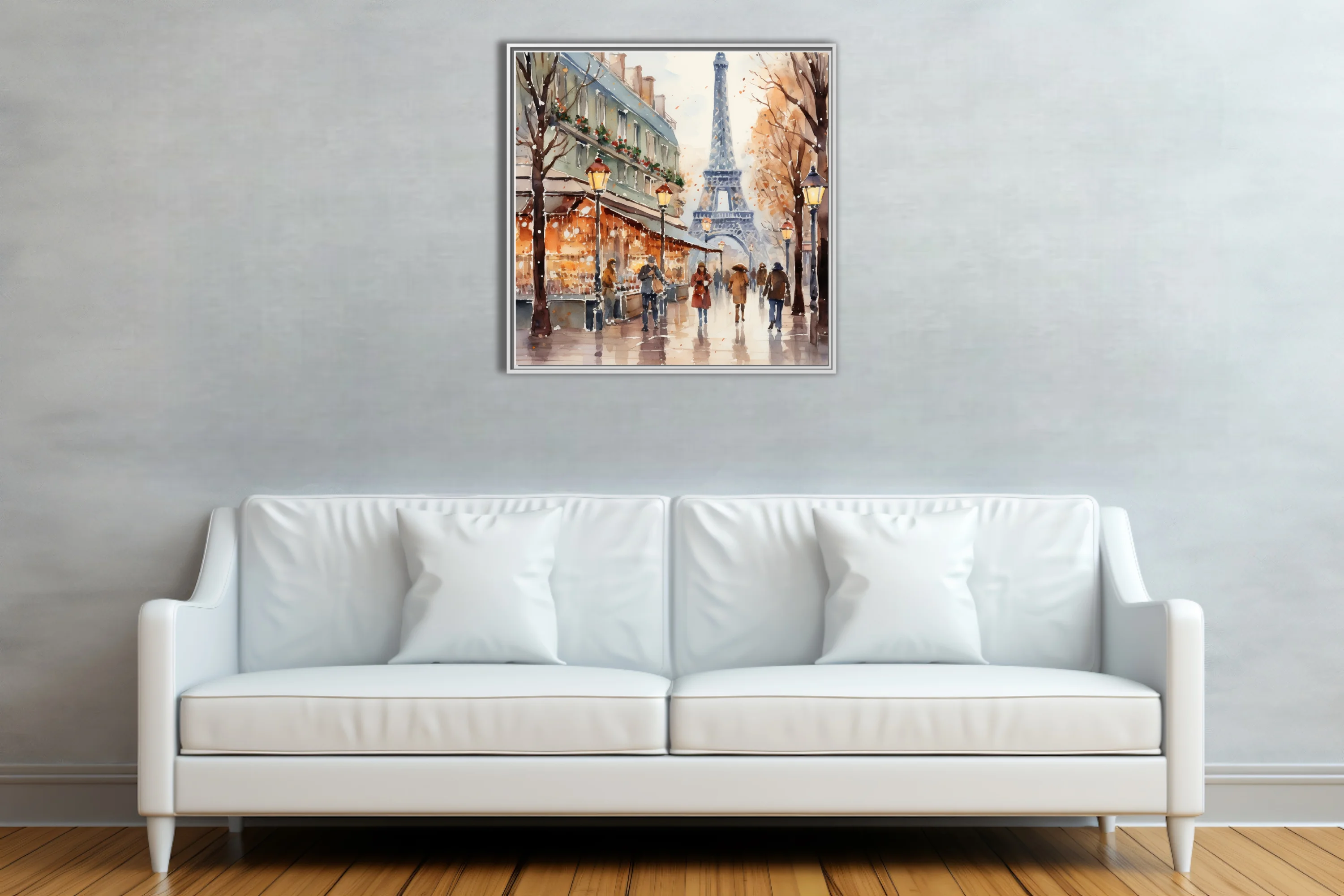 Watercolor-style Paris winter street scene with Eiffel Tower, glowing lamps, and snowy amber tones
