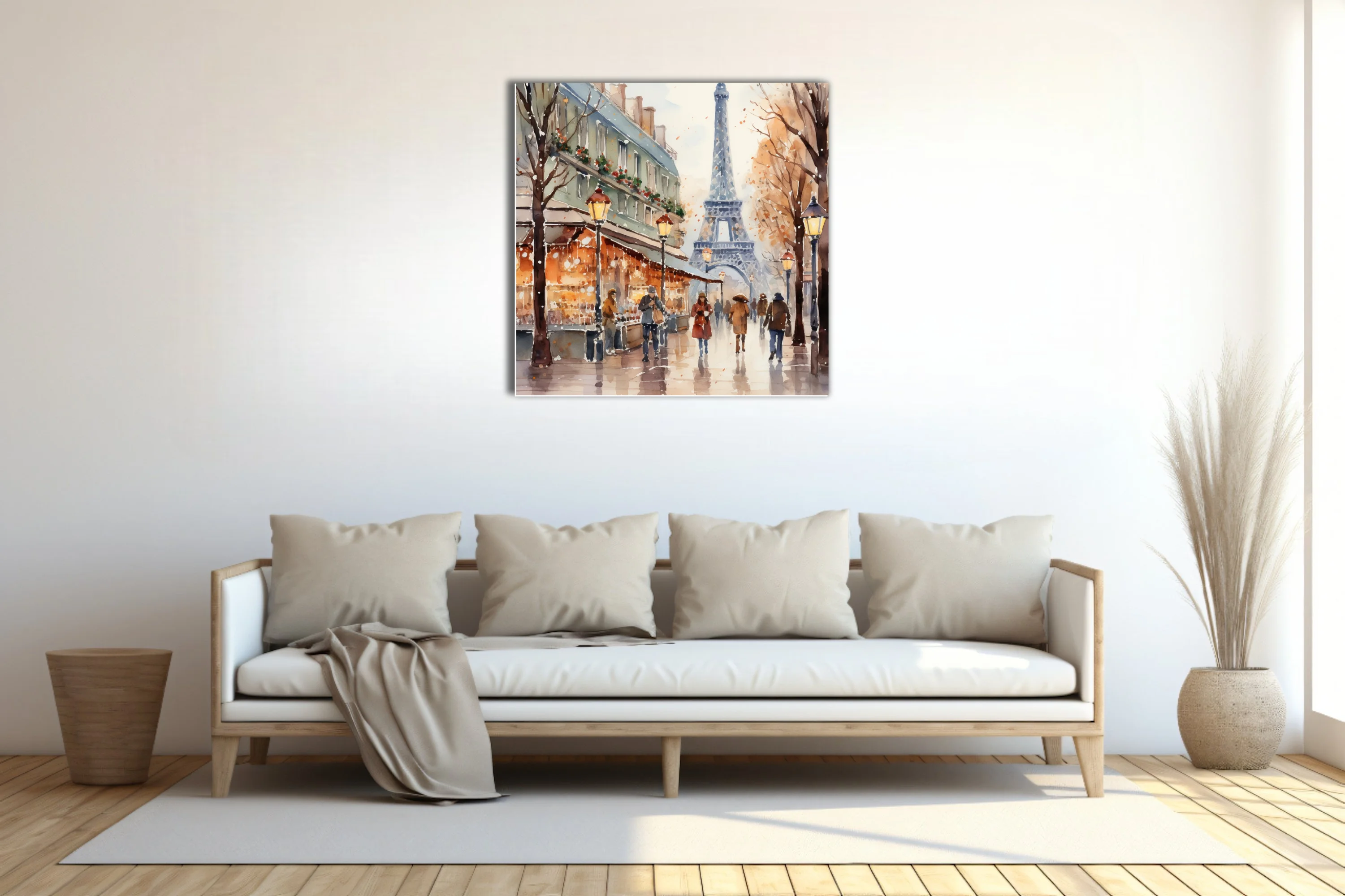 Watercolor-style Paris winter street scene with Eiffel Tower, glowing lamps, and snowy amber tones