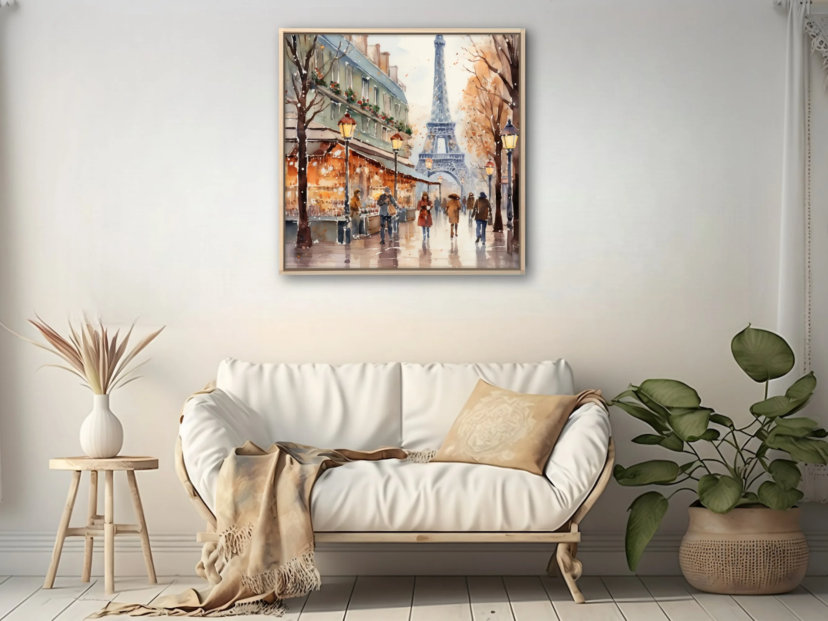 Watercolor-style Paris winter street scene with Eiffel Tower, glowing lamps, and snowy amber tones