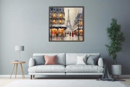 Watercolor-style snowy Paris street with Eiffel Tower, cafés, and red umbrellas in winter palette