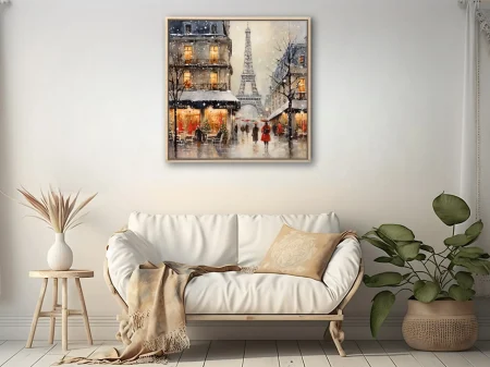 Watercolor-style snowy Paris street with Eiffel Tower, cafés, and red umbrellas in winter palette