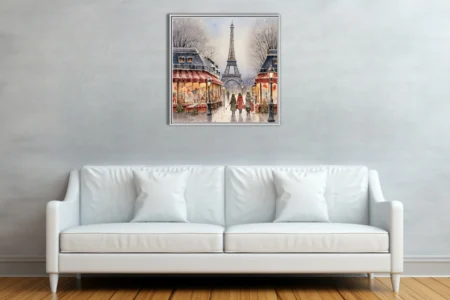 Snowy Paris street with iron tower and festive cafés in soft watercolor-style winter scene