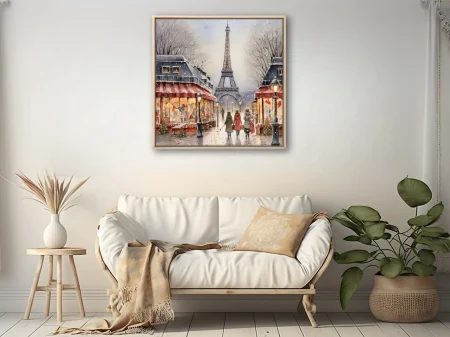 Snowy Paris street with iron tower and festive cafés in soft watercolor-style winter scene