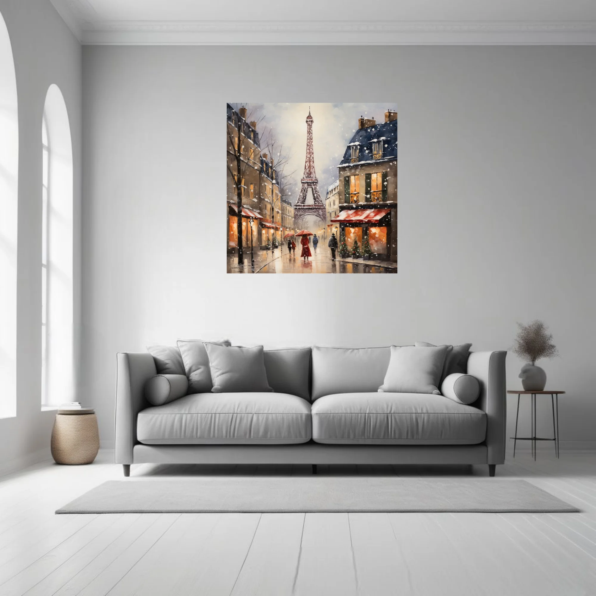Snowy Paris street scene with Eiffel Tower, warm amber lights and red awnings