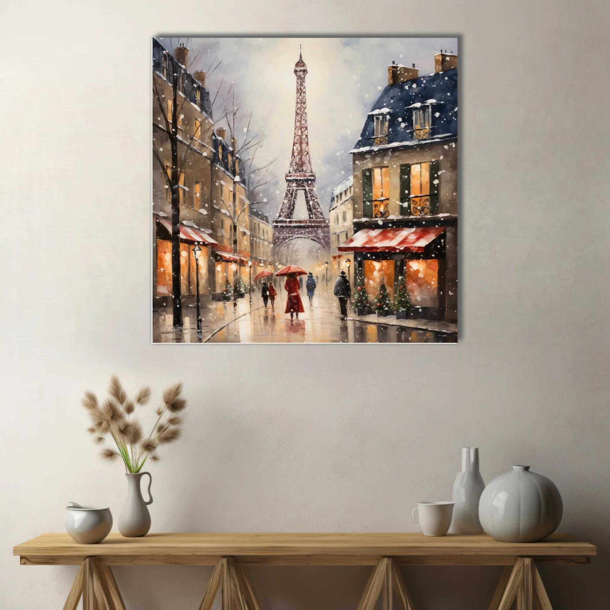 Snowy Paris street scene with Eiffel Tower, warm amber lights and red awnings