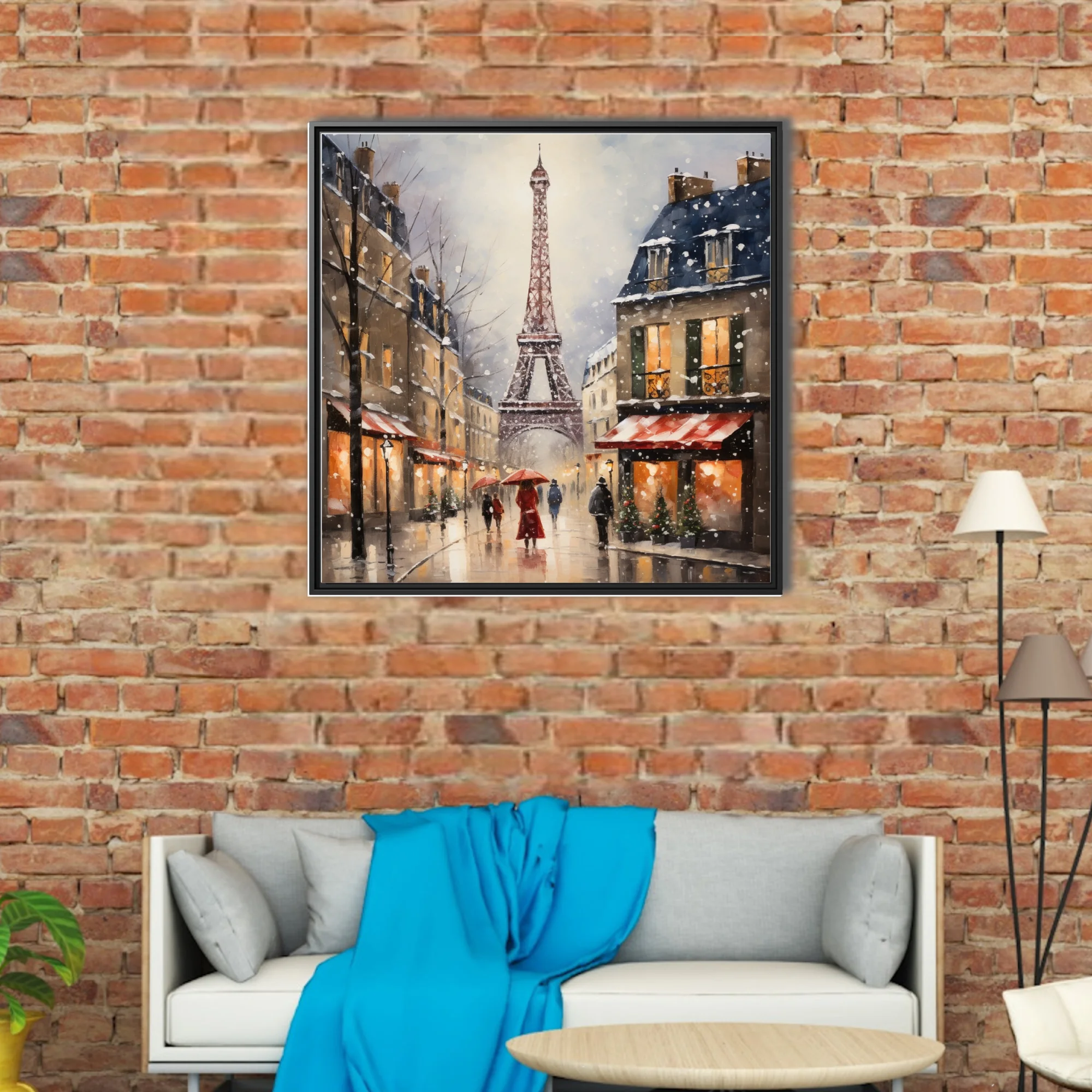 Snowy Paris street scene with Eiffel Tower, warm amber lights and red awnings