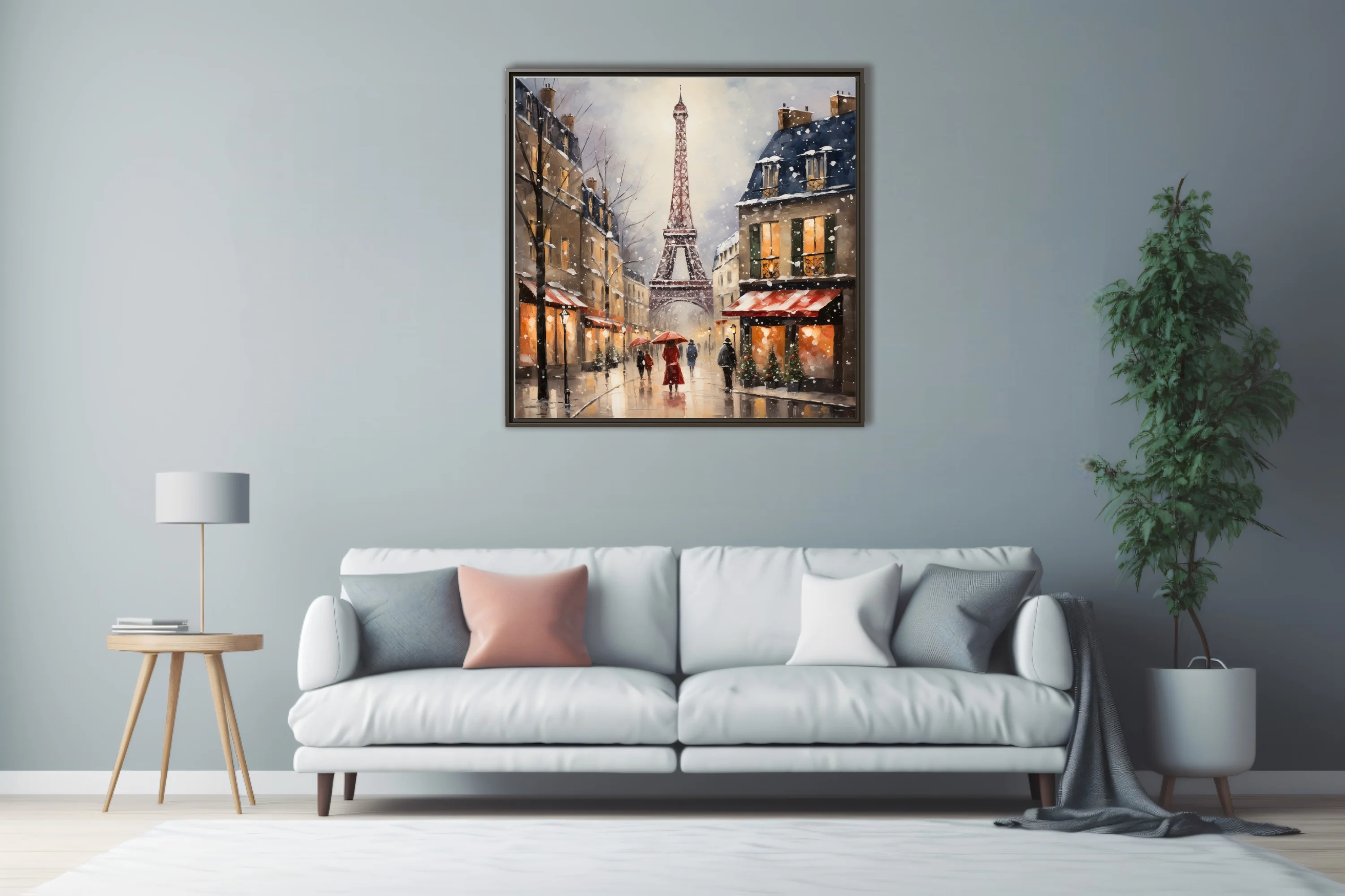Snowy Paris street scene with Eiffel Tower, warm amber lights and red awnings