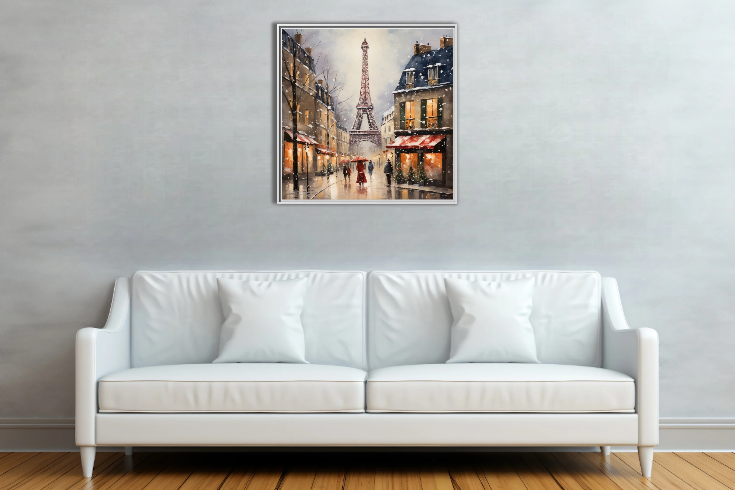 Snowy Paris street scene with Eiffel Tower, warm amber lights and red awnings