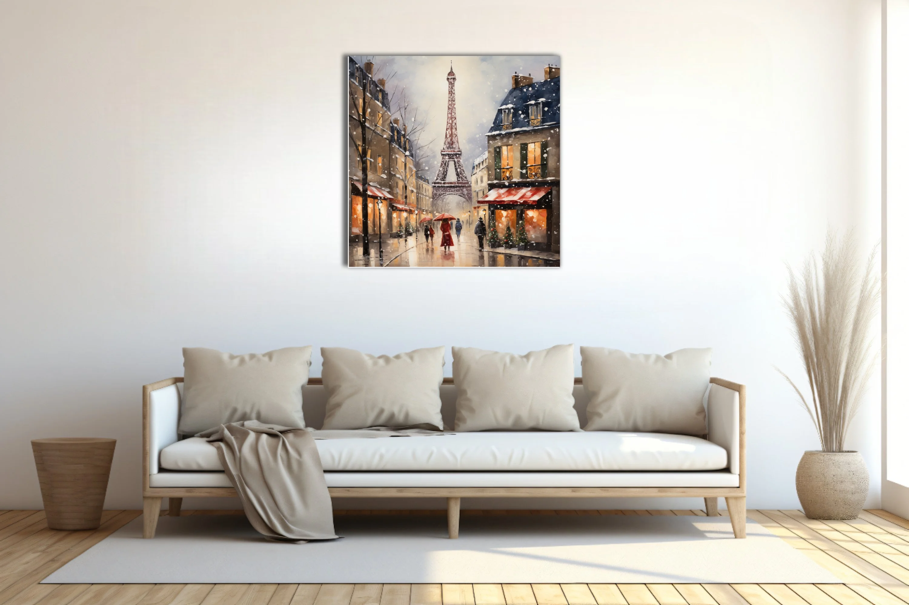 Snowy Paris street scene with Eiffel Tower, warm amber lights and red awnings