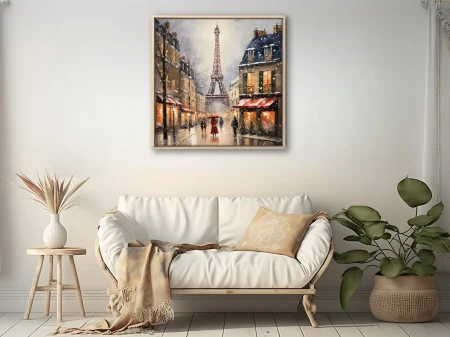 Snowy Paris street scene with Eiffel Tower, warm amber lights and red awnings