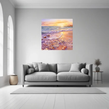 Watercolor-style sunset beach with seashells, pebbles, and golden surf tones