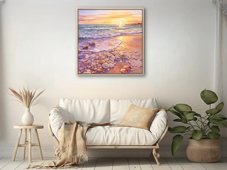 Watercolor-style sunset beach with seashells, pebbles, and golden surf tones