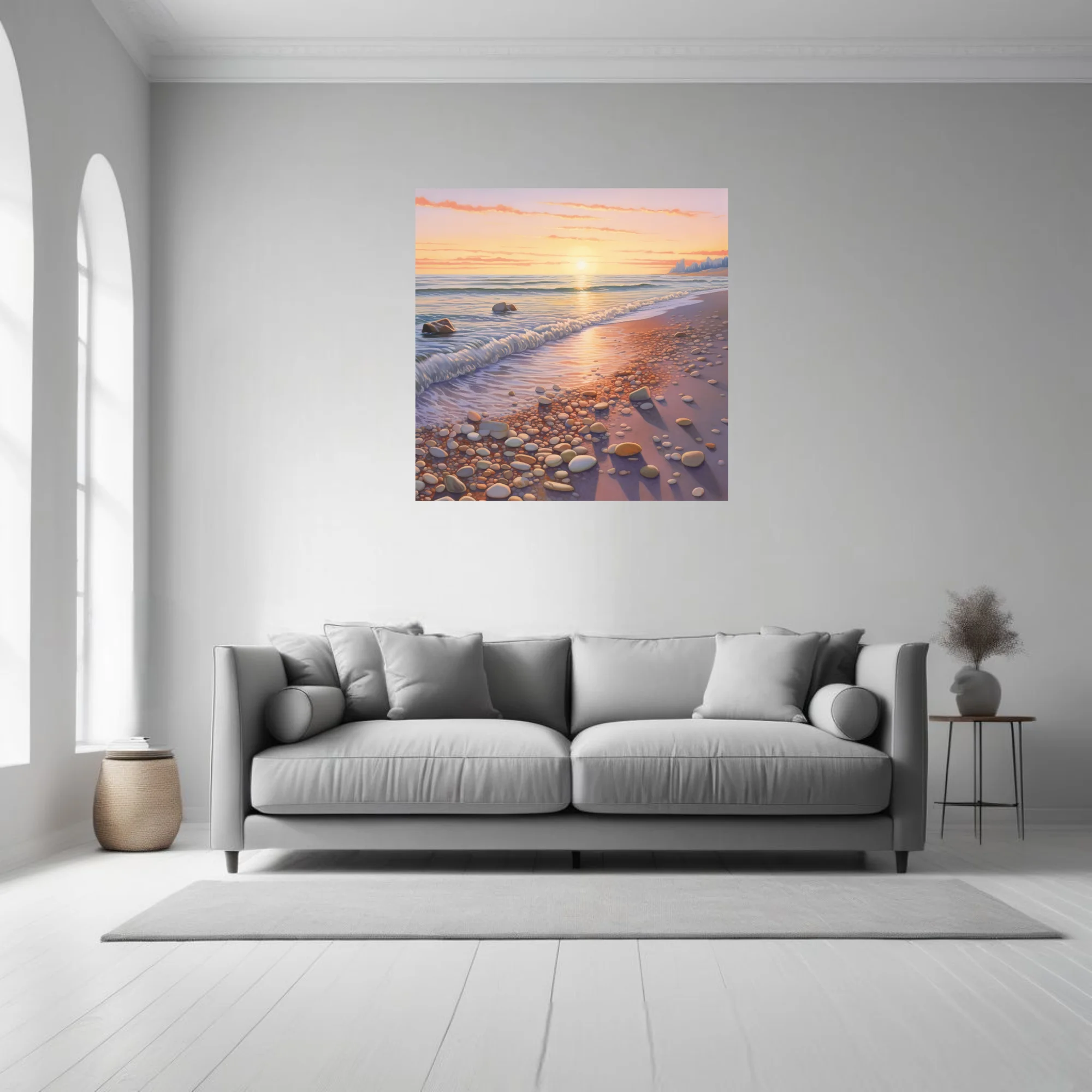 Pastel sunset seascape with pebbled shoreline and soft waves in peach, lemon, and lavender tones