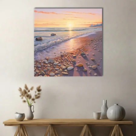 Pastel sunset seascape with pebbled shoreline and soft waves in peach, lemon, and lavender tones